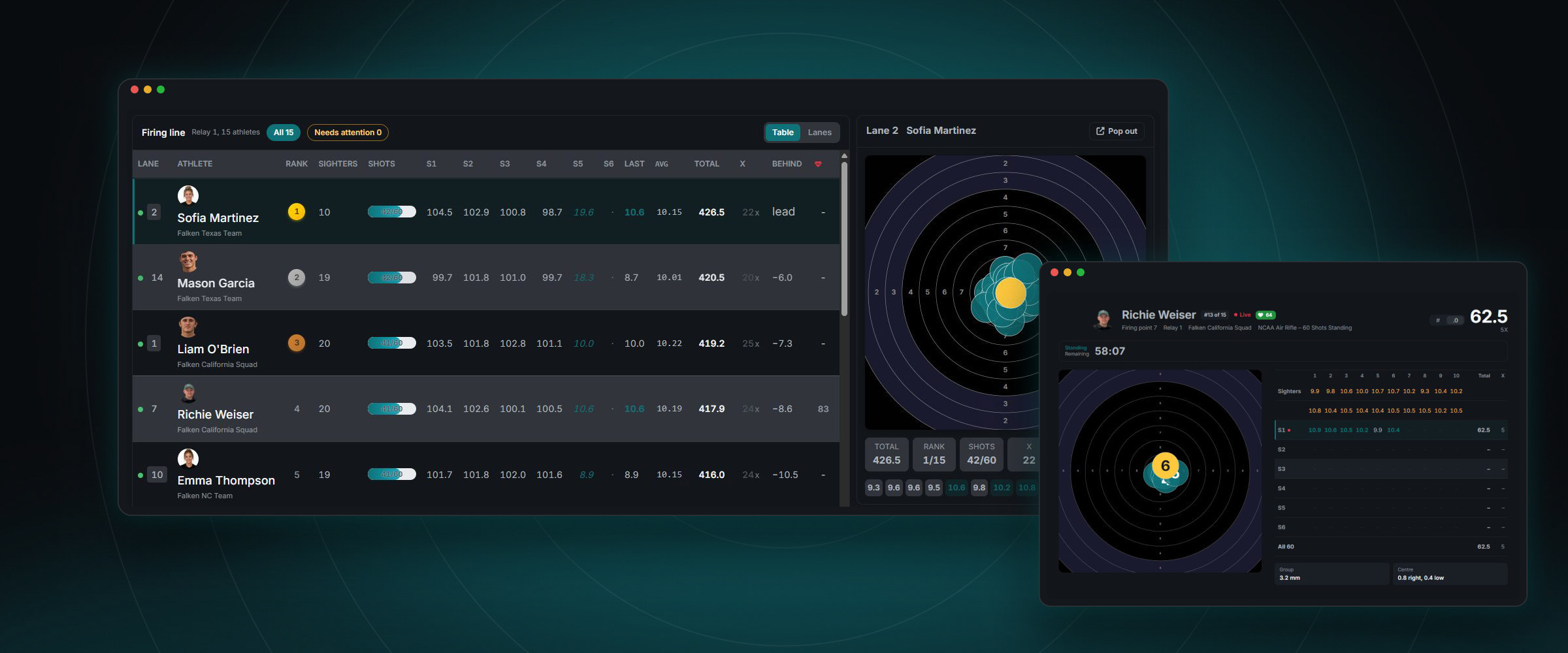 The Nexus Desktop match console during a live relay, with one lane's target popped out into its own window.