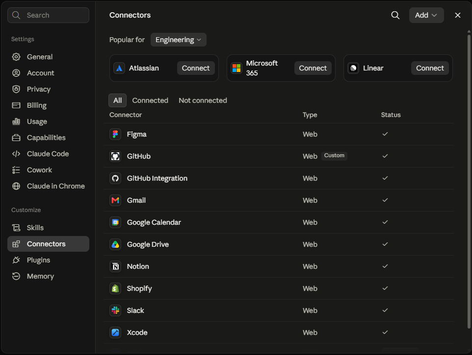Claude settings with the Connectors section open