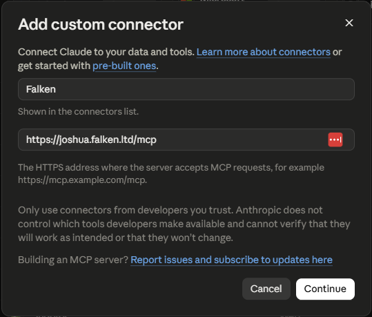 The Add custom connector dialog with the Falken URL filled in