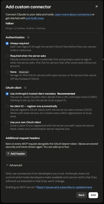 The authentication page of the Add custom connector dialog