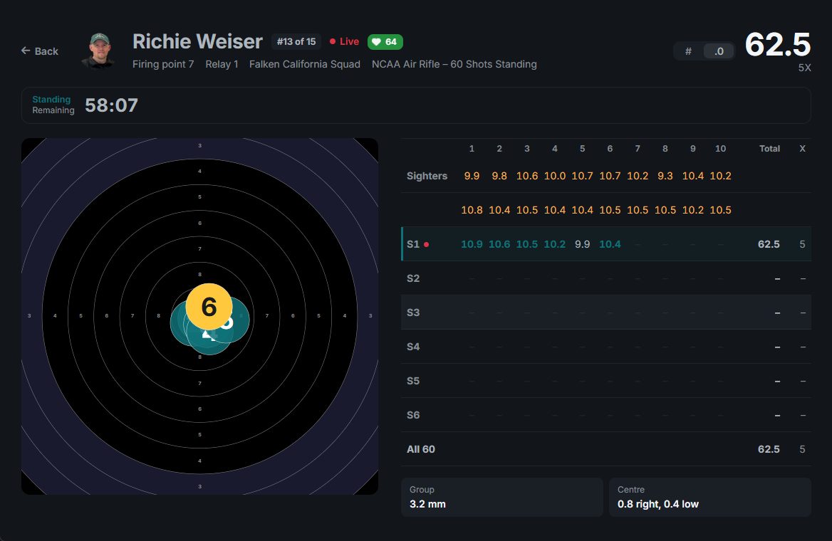 A pop-out target window from the match console: one athlete's target, series table, stage clock and running score, in its own window.