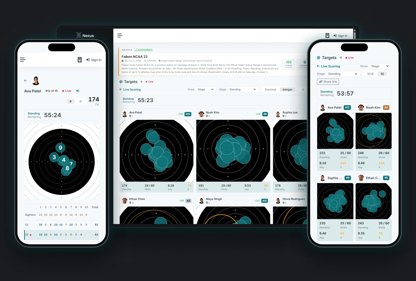 Nexus on a desktop and two phones, showing the same live scores on every screen
