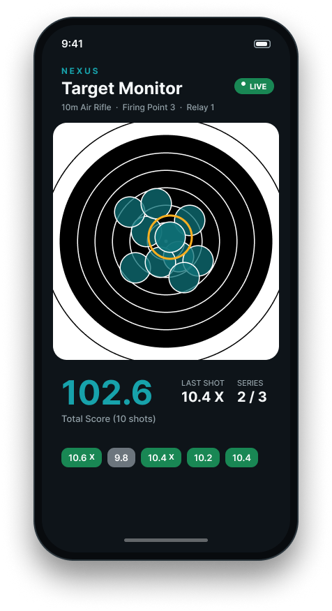 Nexus Mobile EST target monitor concept showing a live 10m air rifle target