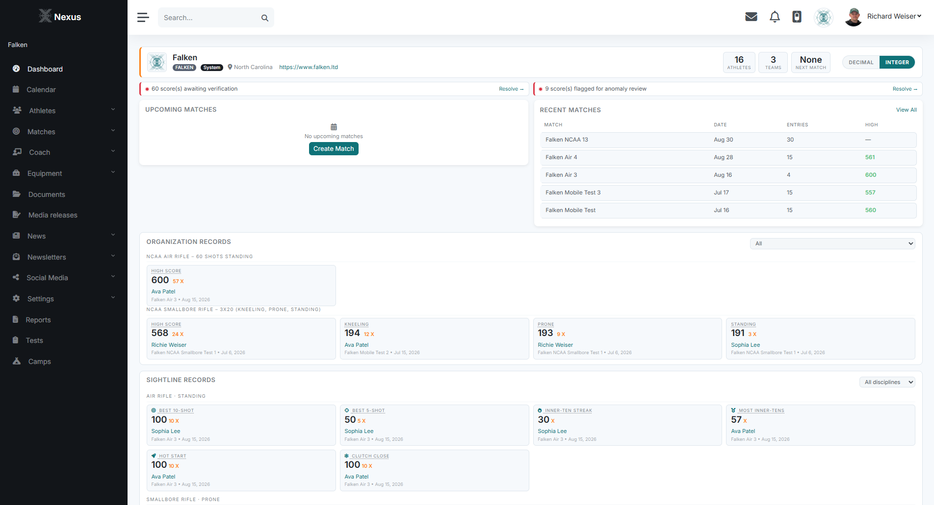 Nexus Web organization dashboard with recent matches and records