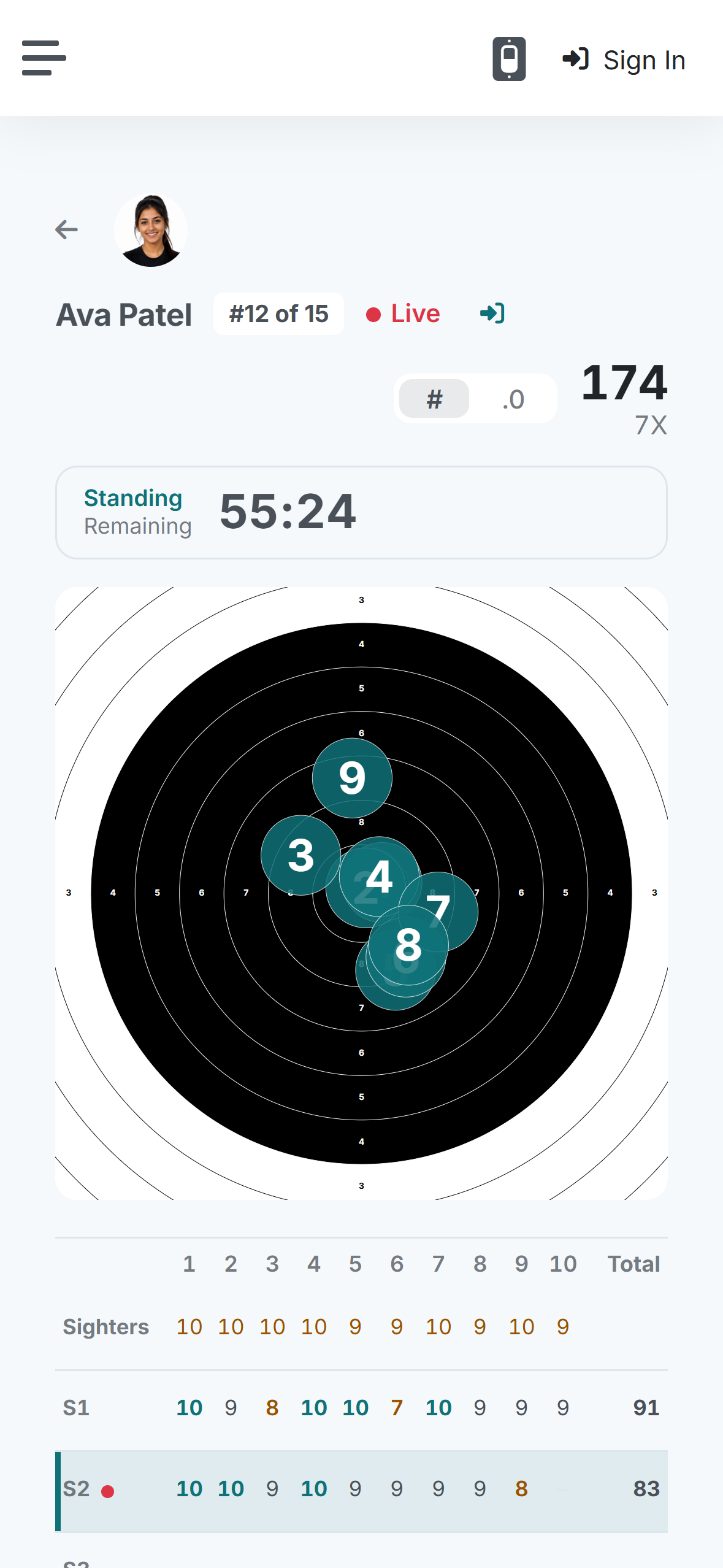 Phone screen showing a demo athlete's live target with the series' shots and score; the same shots are listed in the table below.