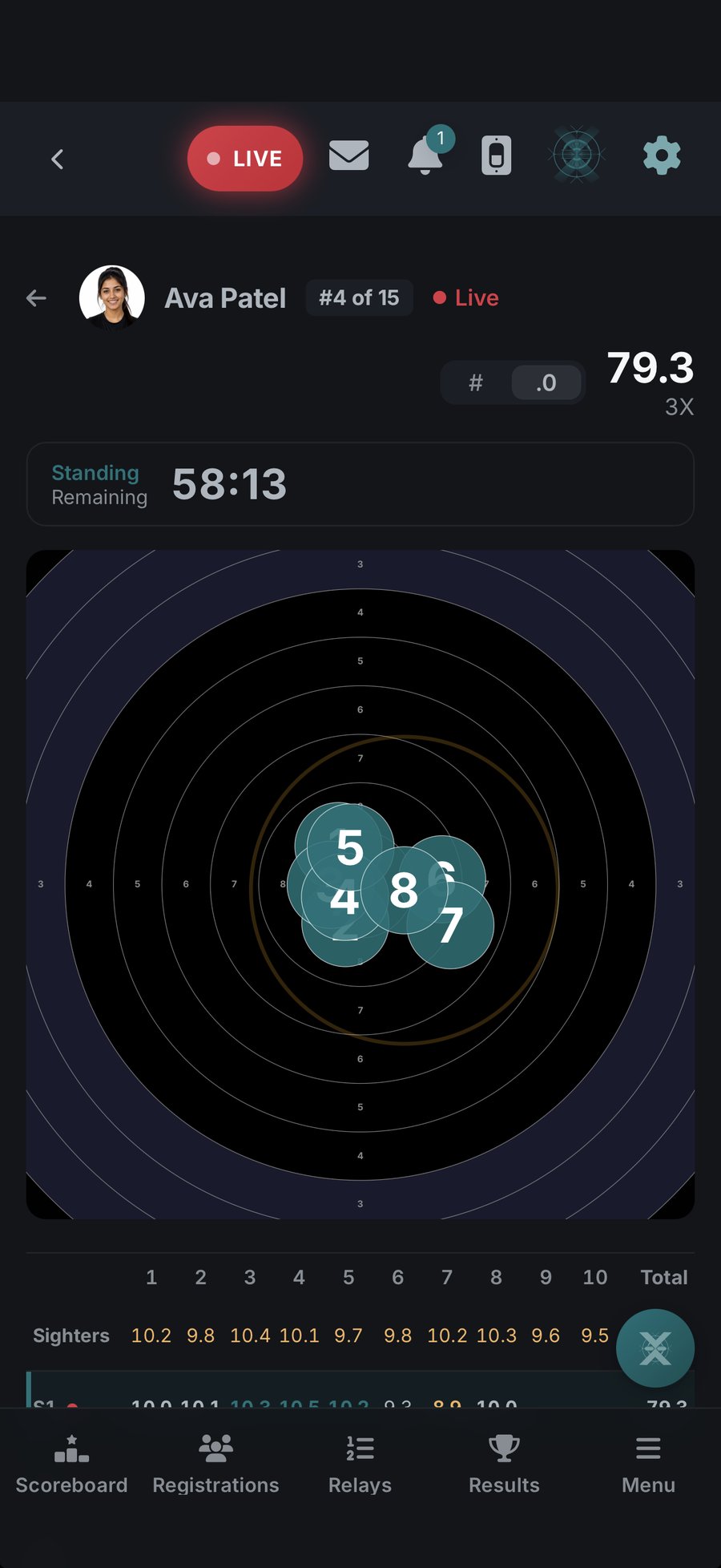 Phone screen showing one demo athlete's live target with numbered shots, the running total and the sighter scorecard.