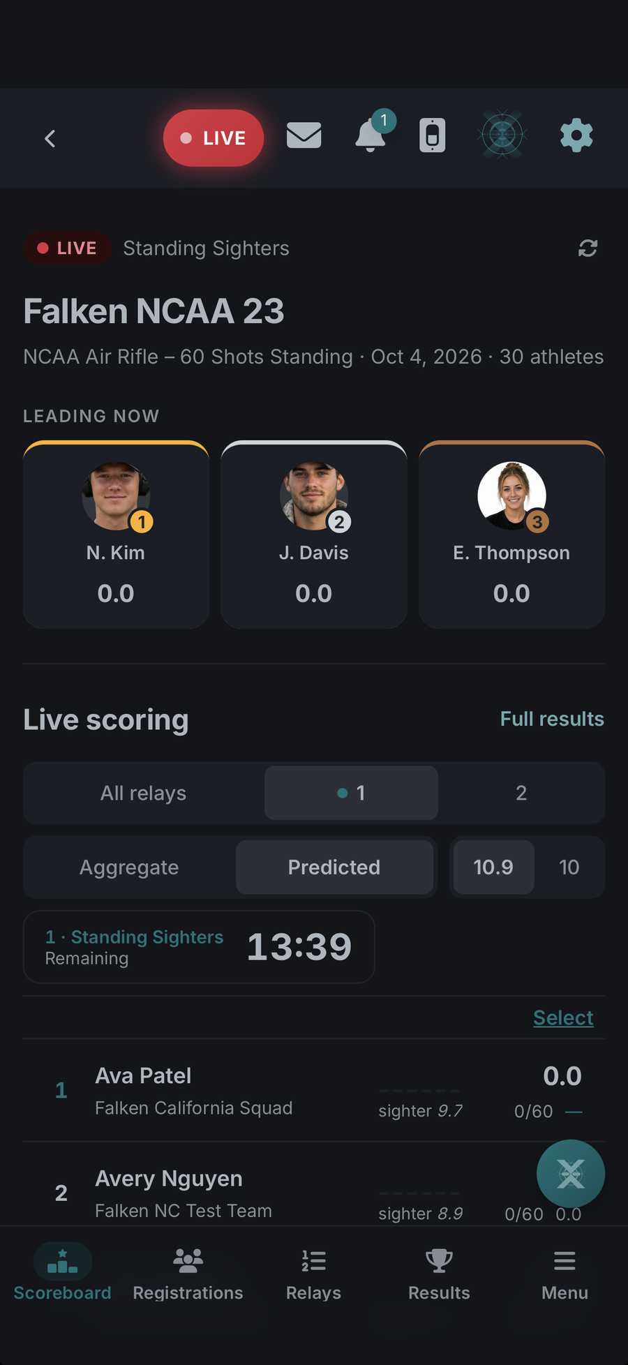 Phone screen showing a live demo match scoreboard: the top three athletes, a relay picker, the stage clock and the athlete list.