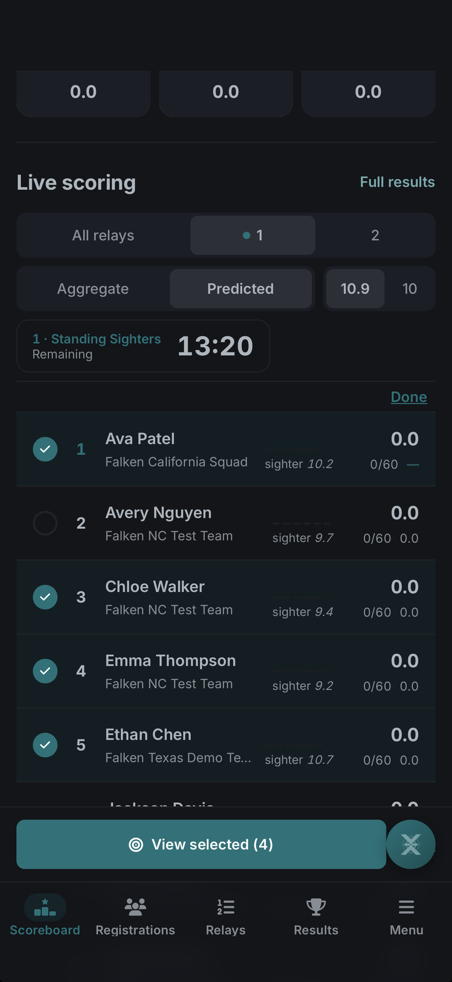 Phone screen showing the live scoring list in select mode, with four demo athletes checked and a View selected button.