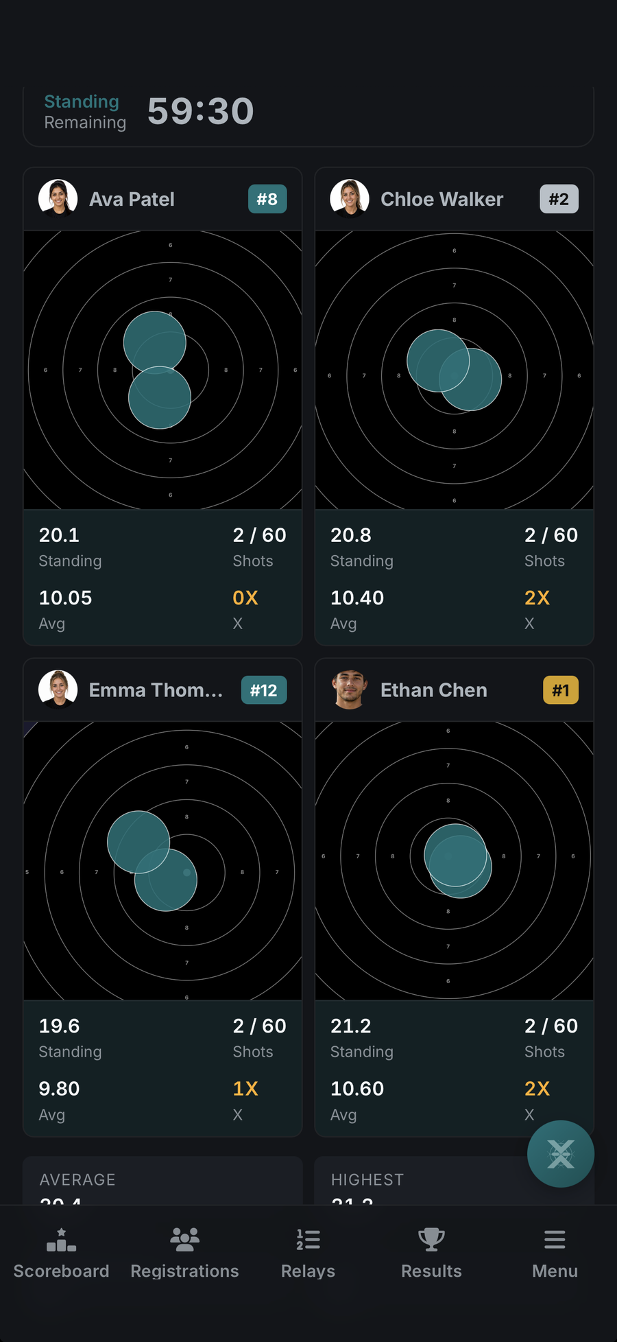 Phone screen showing four demo athletes' targets during match fire, each with a place, total, shot count, average and X count.