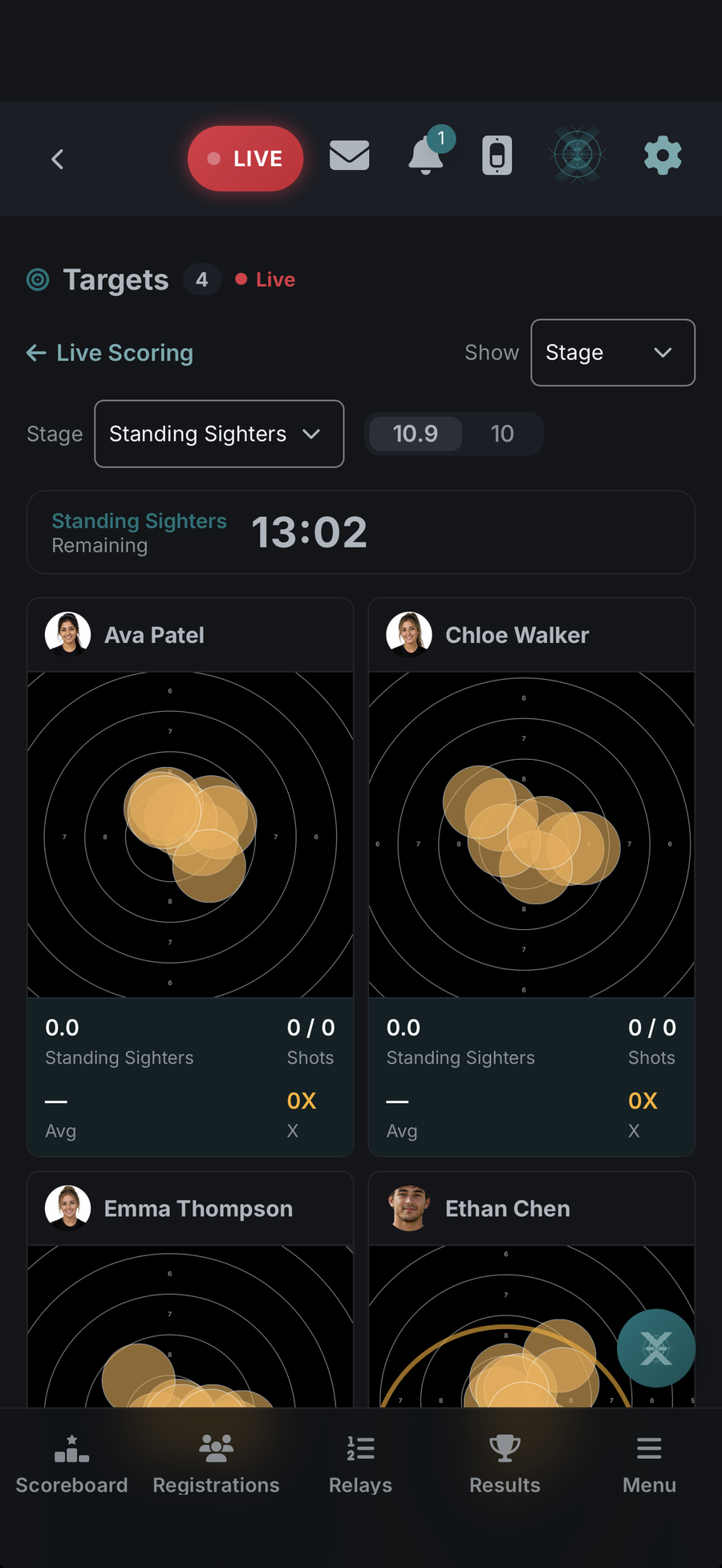 Phone screen showing four demo athletes' targets side by side during sighters, with their sighter shots in gold.