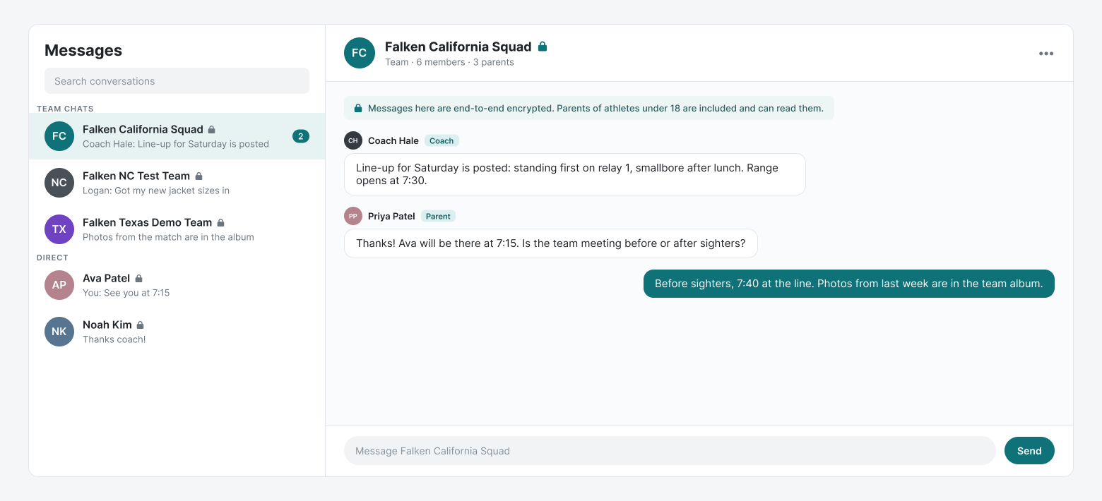 Messages: team chats for each squad, and a team chat whose header shows a lock and 6 members, 3 parents, above the note that messages are end-to-end encrypted and parents of athletes under 18 can read them