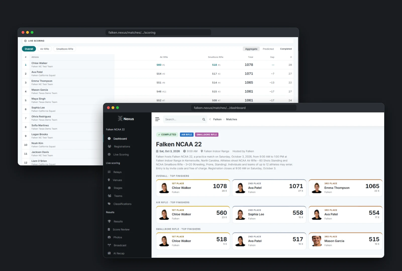 Nexus Web in two browser windows: a match dashboard with overall and per-discipline top finishers in front of the live scoring board