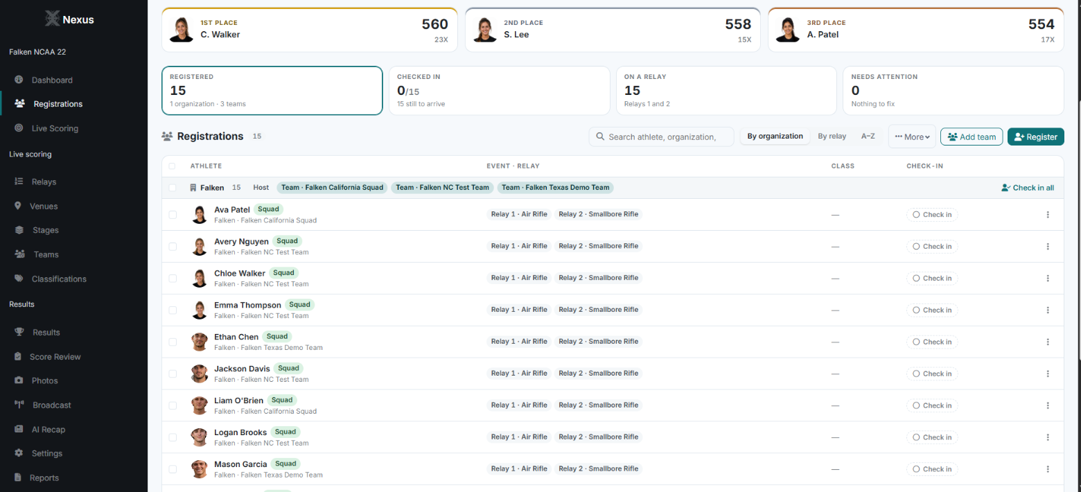 Match registrations: registered, checked in, on a relay and needs attention, above a list of athletes grouped by organization with a Check in button each